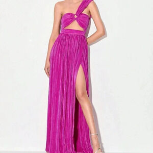Red Violet Sexy Women's One Shoulder Ring Ruched Front Cut Out Split Thigh Dress